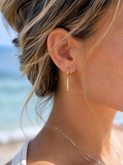 Gold Fill Sardine Earrings, Fish Dangle Earrings, Huggie Hoop Fish Charm Earrings