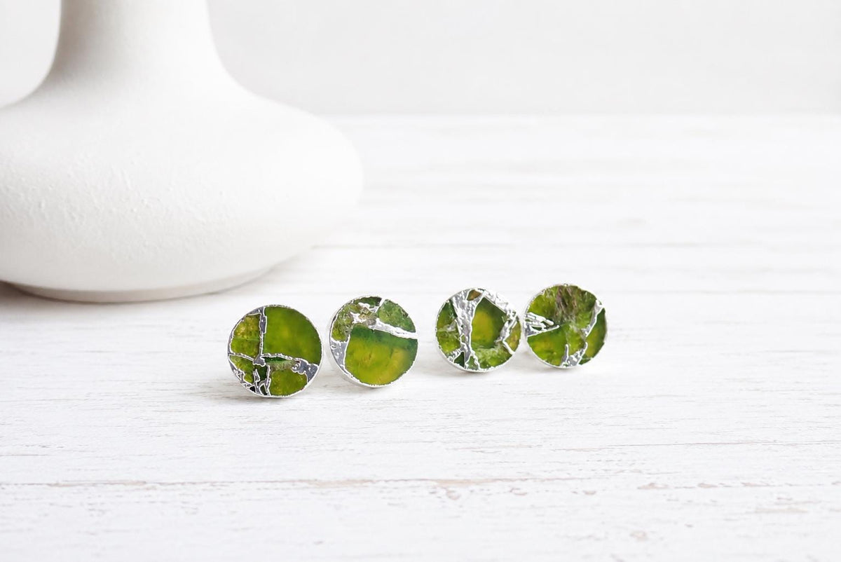 Round Peridot Green Mojave Gemstone Stud Earrings  – August Birthstone Gift for Her - Boho Kintsugi Post Earrings