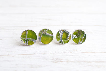 Round Peridot Green Mojave Gemstone Stud Earrings  – August Birthstone Gift for Her - Boho Kintsugi Post Earrings
