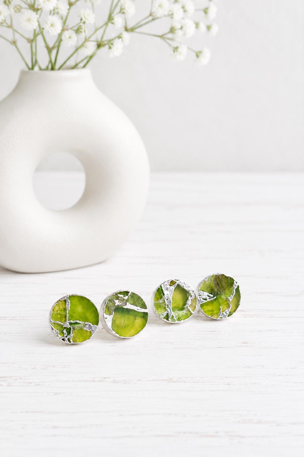 Round Peridot Green Mojave Gemstone Stud Earrings  – August Birthstone Gift for Her - Boho Kintsugi Post Earrings