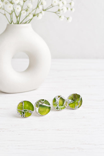 Round Peridot Green Mojave Gemstone Stud Earrings  – August Birthstone Gift for Her - Boho Kintsugi Post Earrings