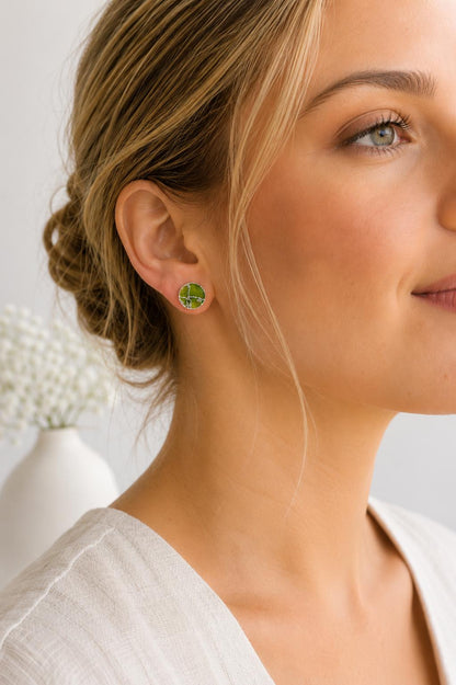 Round Peridot Green Mojave Gemstone Stud Earrings  – August Birthstone Gift for Her - Boho Kintsugi Post Earrings