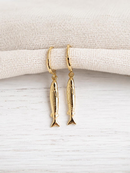 Gold Fill Sardine Earrings, Fish Dangle Earrings, Huggie Hoop Fish Charm Earrings