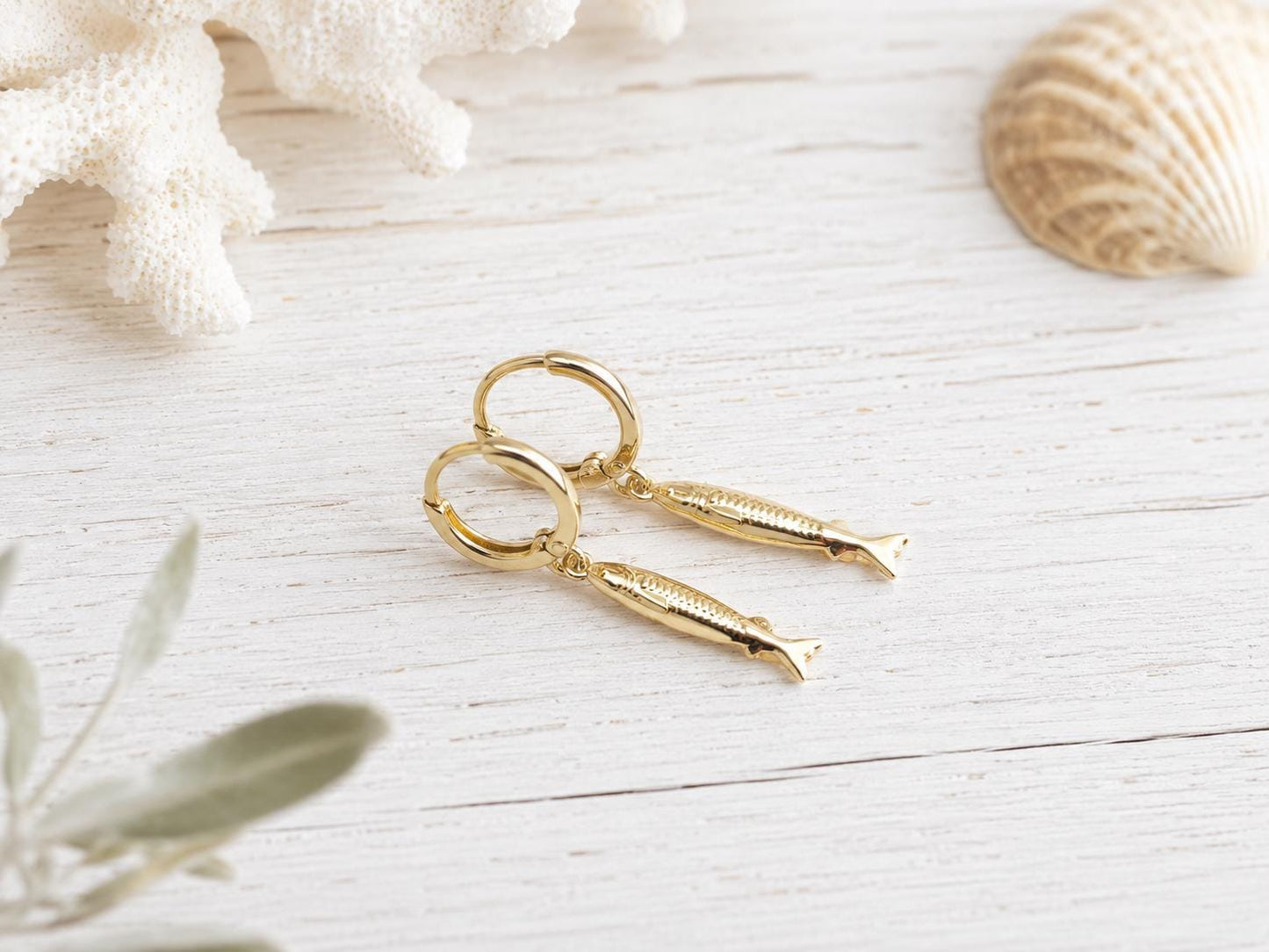 Gold Fill Sardine Earrings, Fish Dangle Earrings, Huggie Hoop Fish Charm Earrings