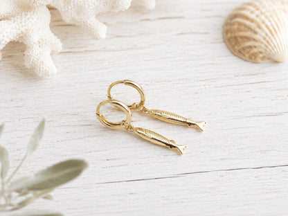 Gold Fill Sardine Earrings, Fish Dangle Earrings, Huggie Hoop Fish Charm Earrings