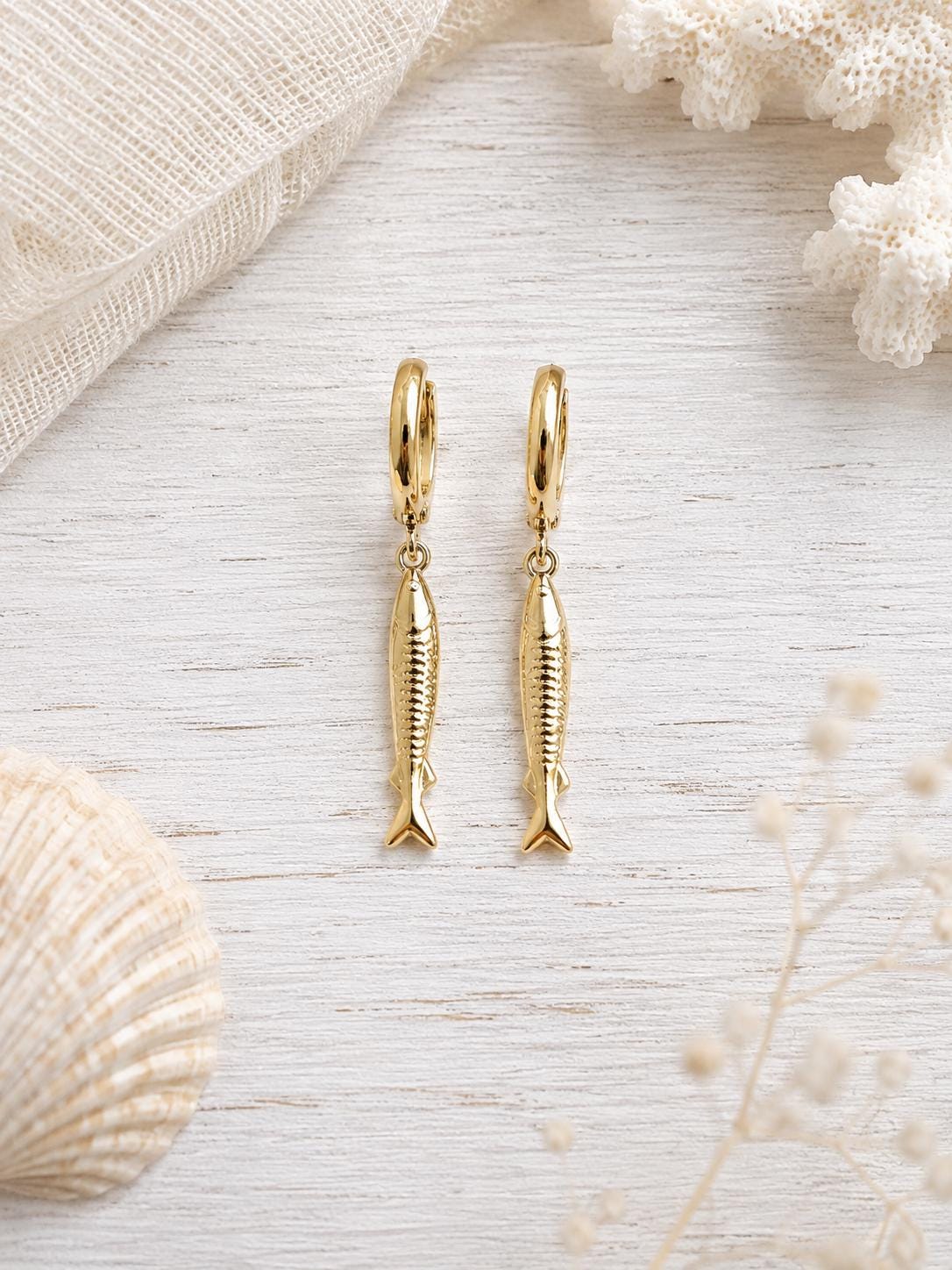 Gold Fill Sardine Earrings, Fish Dangle Earrings, Huggie Hoop Fish Charm Earrings