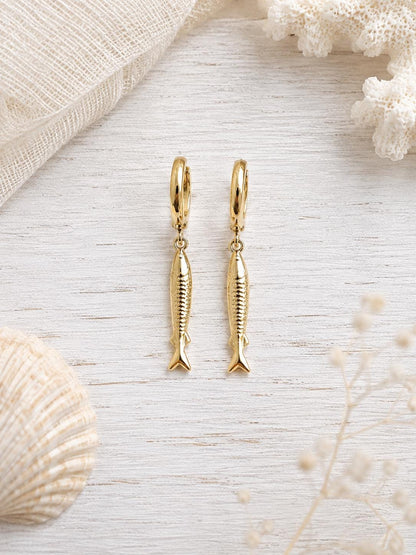 Gold Fill Sardine Earrings, Fish Dangle Earrings, Huggie Hoop Fish Charm Earrings
