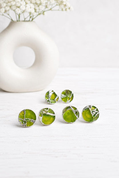 Round Peridot Green Mojave Gemstone Stud Earrings  – August Birthstone Gift for Her - Boho Kintsugi Post Earrings