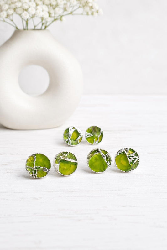 Round Peridot Green Mojave Gemstone Stud Earrings  – August Birthstone Gift for Her - Boho Kintsugi Post Earrings