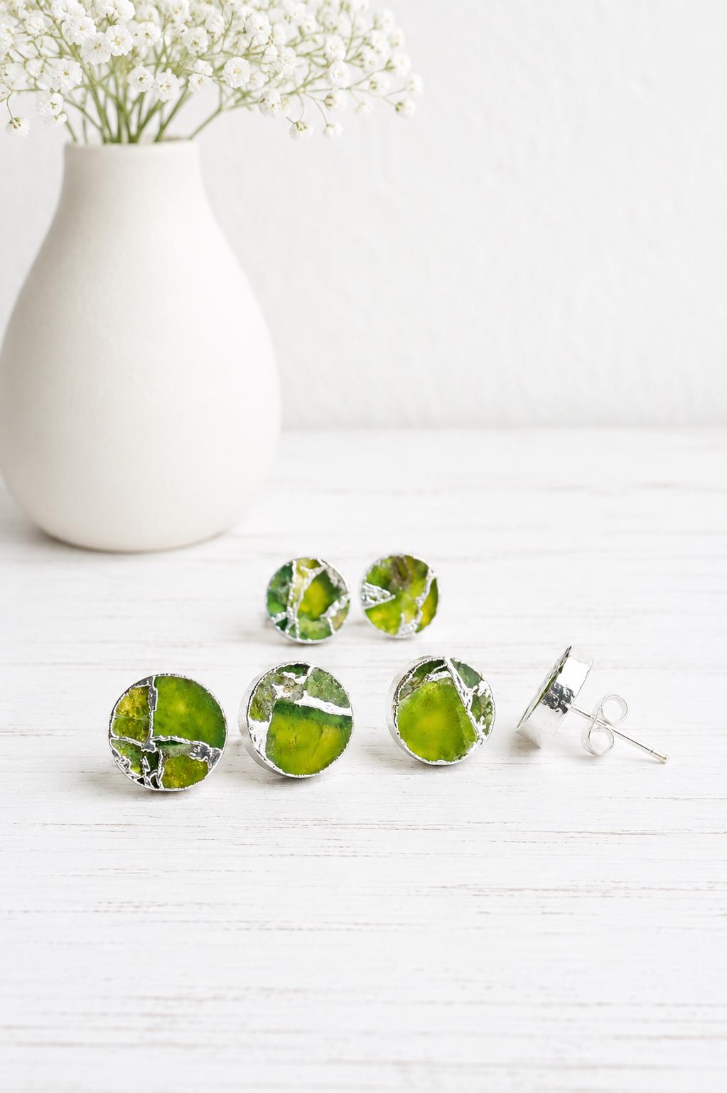 Round Peridot Green Mojave Gemstone Stud Earrings  – August Birthstone Gift for Her - Boho Kintsugi Post Earrings