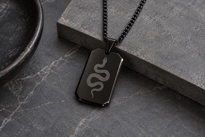 Men’s Snake Necklace, Black Dog Tag Necklace, Laser Engraved Serpent Pendant, Black Stainless Steel Necklace, Snake Jewelry for Men