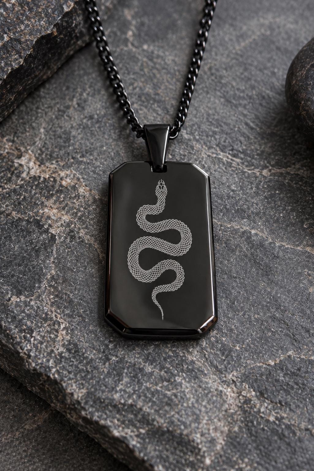 Men’s Snake Necklace, Black Dog Tag Necklace, Laser Engraved Serpent Pendant, Black Stainless Steel Necklace, Snake Jewelry for Men