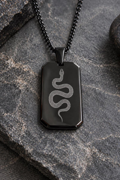 Men’s Snake Necklace, Black Dog Tag Necklace, Laser Engraved Serpent Pendant, Black Stainless Steel Necklace, Snake Jewelry for Men