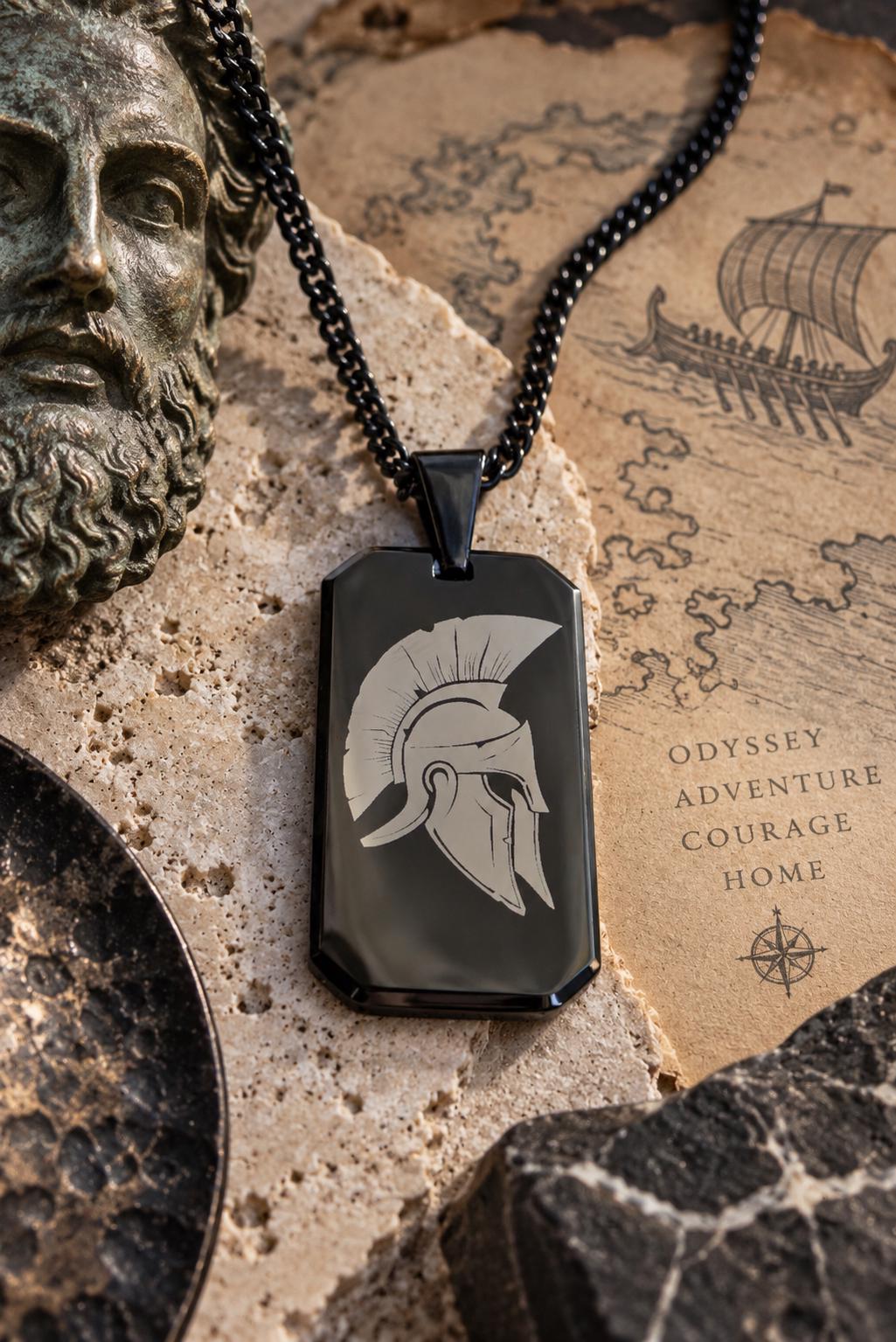 Men’s Spartan Helmet Necklace, Greek Warrior Pendant, Black Dog Tag Necklace, Ancient Greek Jewelry, Odyssey Laser Engraved Gift for Men