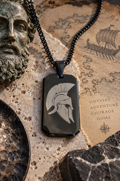 Men’s Spartan Helmet Necklace, Greek Warrior Pendant, Black Dog Tag Necklace, Ancient Greek Jewelry, Odyssey Laser Engraved Gift for Men
