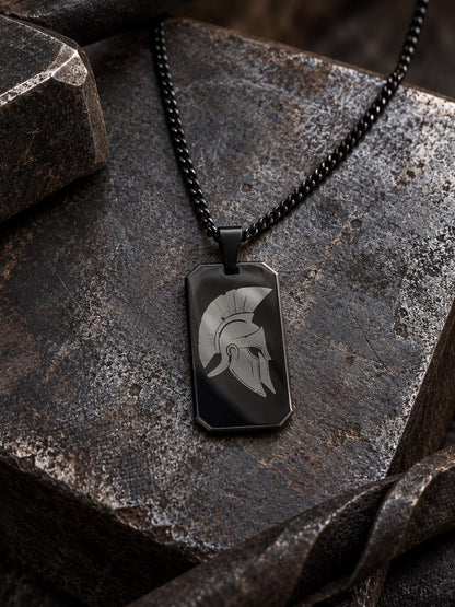 Men’s Spartan Helmet Necklace, Greek Warrior Pendant, Black Dog Tag Necklace, Ancient Greek Jewelry, Odyssey Laser Engraved Gift for Men