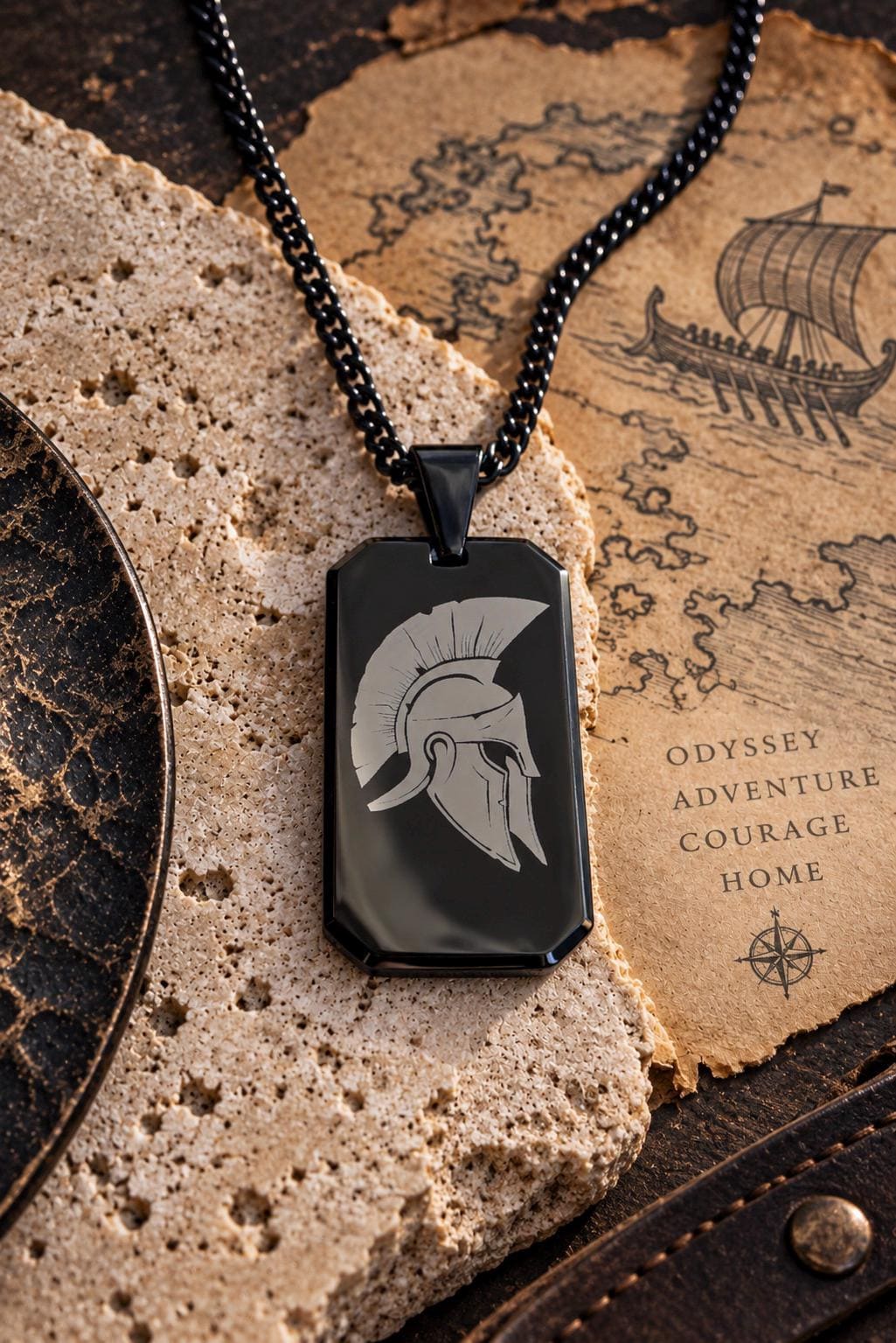 Men’s Spartan Helmet Necklace, Greek Warrior Pendant, Black Dog Tag Necklace, Ancient Greek Jewelry, Odyssey Laser Engraved Gift for Men