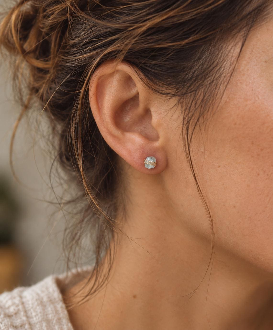 Tiny Raw Aquamarine Stud Earrings, Gold Filled Wire Wrapped Gemstone Posts, March Birthstone Jewelry, Dainty Natural Crystal Studs
