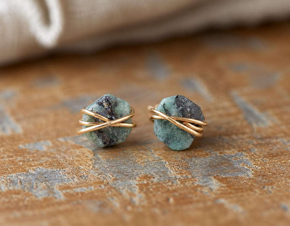Small Raw Emerald Stud Earrings, May Birthstone Jewelry, Dainty Gemstone Studs, Green Stone Earrings, Gold Filled Boho Earrings