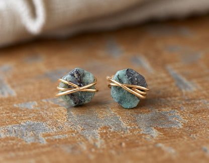 Small Raw Emerald Stud Earrings, May Birthstone Jewelry, Dainty Gemstone Studs, Green Stone Earrings, Gold Filled Boho Earrings