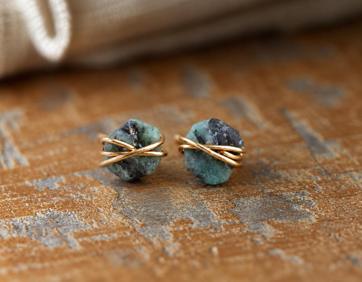 Small Raw Emerald Stud Earrings, May Birthstone Jewelry, Dainty Gemstone Studs, Green Stone Earrings, Gold Filled Boho Earrings