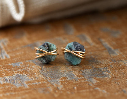 Small Raw Emerald Stud Earrings, May Birthstone Jewelry, Dainty Gemstone Studs, Green Stone Earrings, Gold Filled Boho Earrings