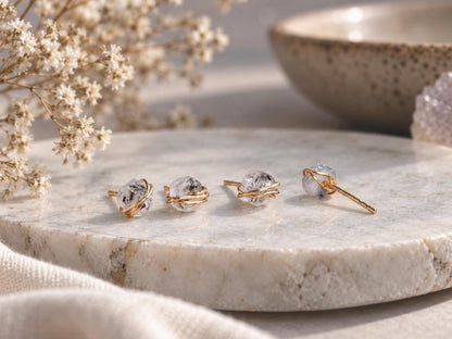 Dainty Herkimer Diamond Stud Earrings, Raw Crystal Gemstone Earrings, April Birthstone Jewelry