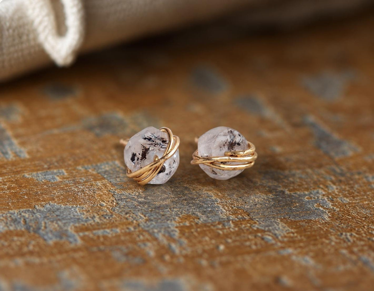 Dainty Herkimer Diamond Stud Earrings, Raw Crystal Gemstone Earrings, April Birthstone Jewelry