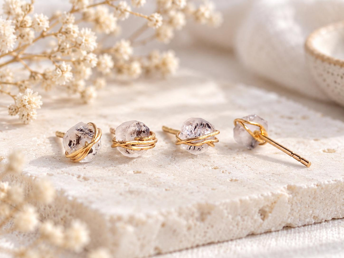 Dainty Herkimer Diamond Stud Earrings, Raw Crystal Gemstone Earrings, April Birthstone Jewelry