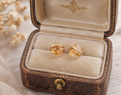 Tiny Citrine Stud Earrings, Dainty Raw Gemstone Crystal Earrings, November Birthstone Jewelry