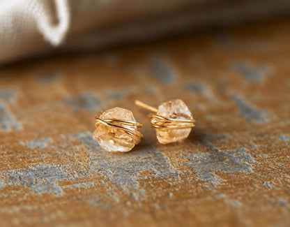 Tiny Citrine Stud Earrings, Dainty Raw Gemstone Crystal Earrings, November Birthstone Jewelry