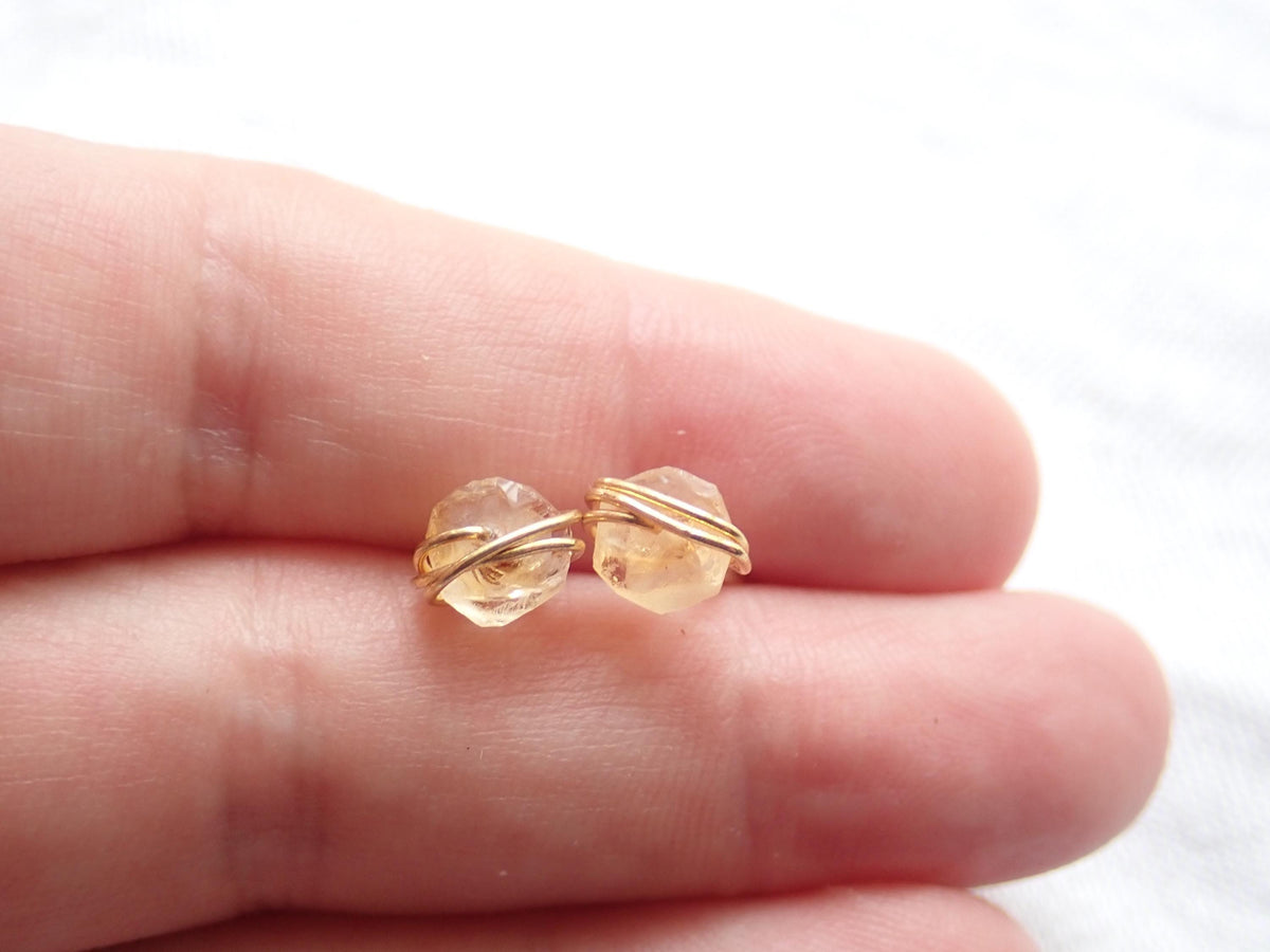 Tiny Citrine Stud Earrings, Dainty Raw Gemstone Crystal Earrings, November Birthstone Jewelry