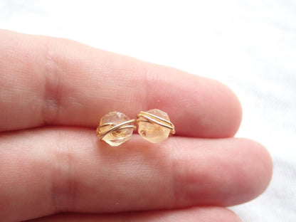 Tiny Citrine Stud Earrings, Dainty Raw Gemstone Crystal Earrings, November Birthstone Jewelry