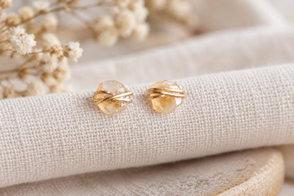 Tiny Citrine Stud Earrings, Dainty Raw Gemstone Crystal Earrings, November Birthstone Jewelry