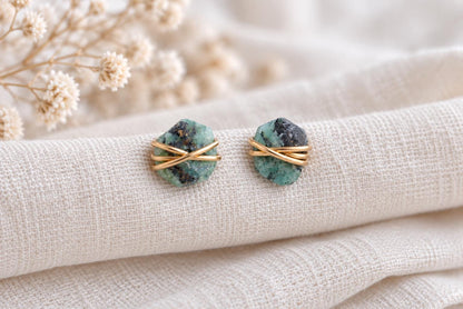 Small Raw Emerald Stud Earrings, May Birthstone Jewelry, Dainty Gemstone Studs, Green Stone Earrings, Gold Filled Boho Earrings