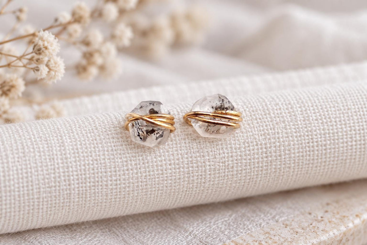 Dainty Herkimer Diamond Stud Earrings, Raw Crystal Gemstone Earrings, April Birthstone Jewelry