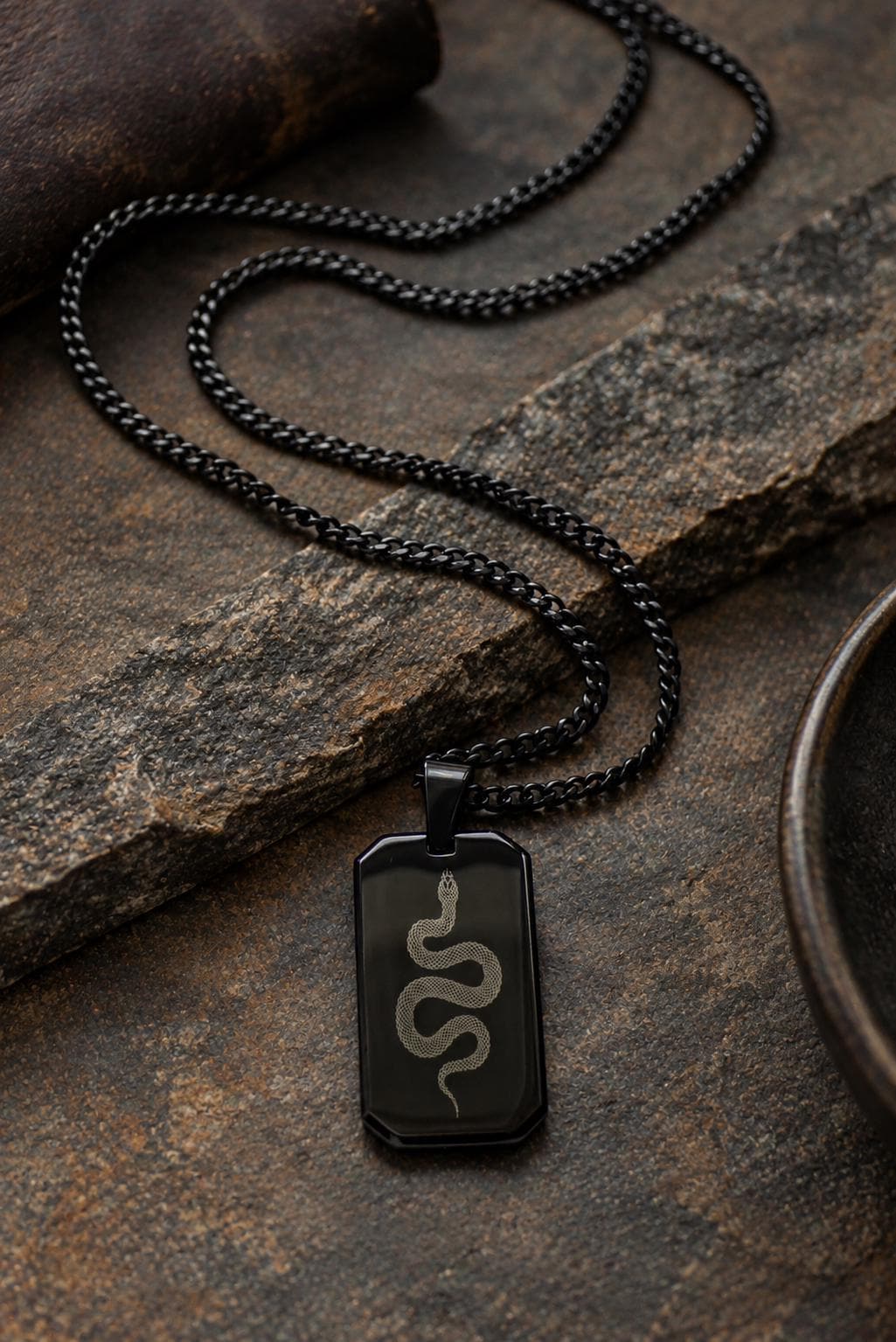 Men’s Snake Necklace, Black Dog Tag Necklace, Laser Engraved Serpent Pendant, Black Stainless Steel Necklace, Snake Jewelry for Men