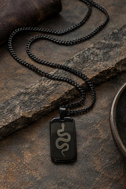 Men’s Snake Necklace, Black Dog Tag Necklace, Laser Engraved Serpent Pendant, Black Stainless Steel Necklace, Snake Jewelry for Men