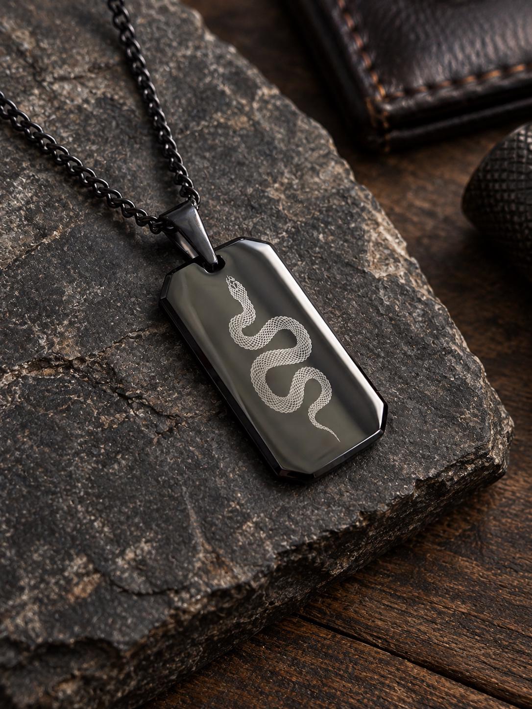Men’s Snake Necklace, Black Dog Tag Necklace, Laser Engraved Serpent Pendant, Black Stainless Steel Necklace, Snake Jewelry for Men