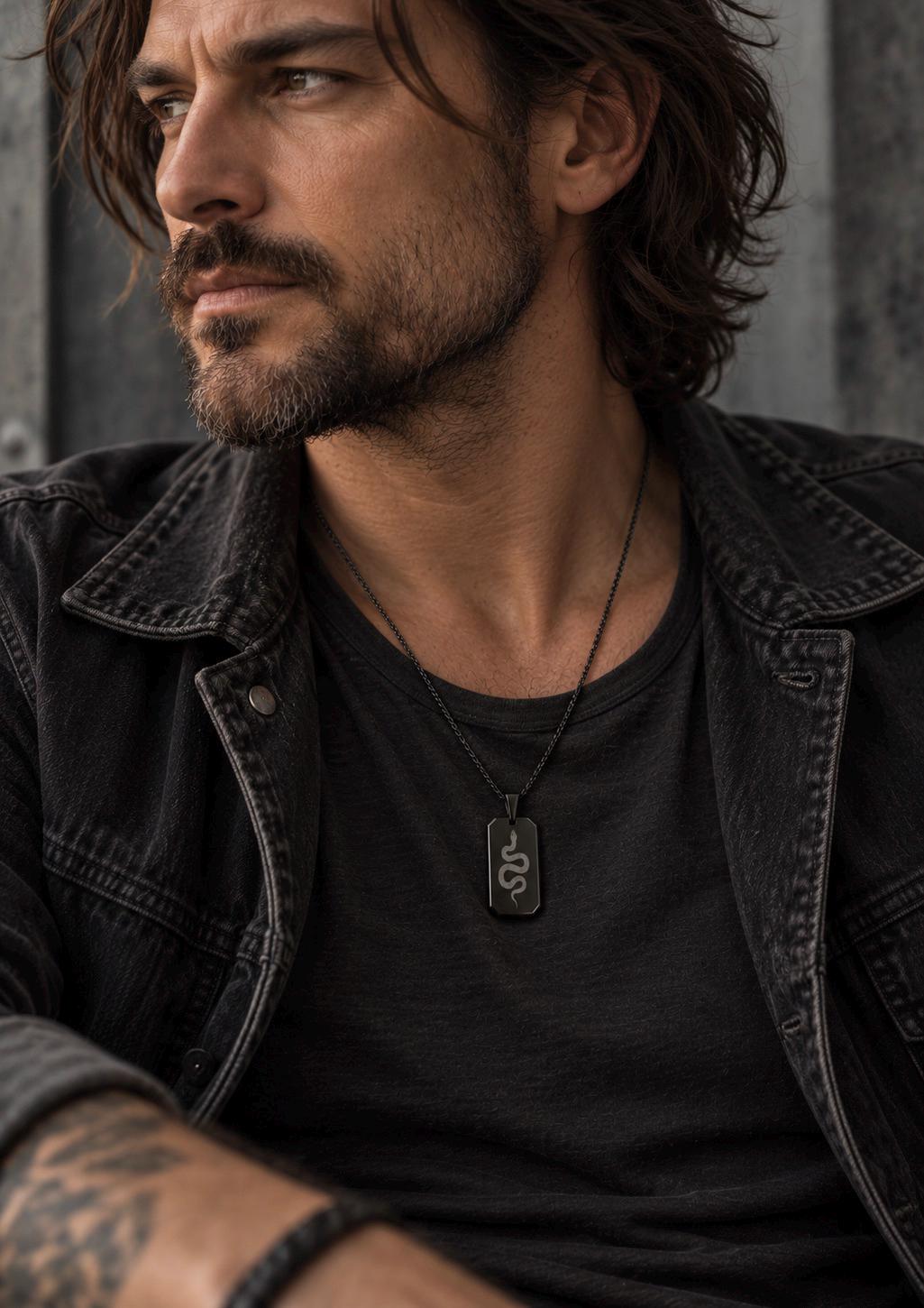 Men’s Snake Necklace, Black Dog Tag Necklace, Laser Engraved Serpent Pendant, Black Stainless Steel Necklace, Snake Jewelry for Men
