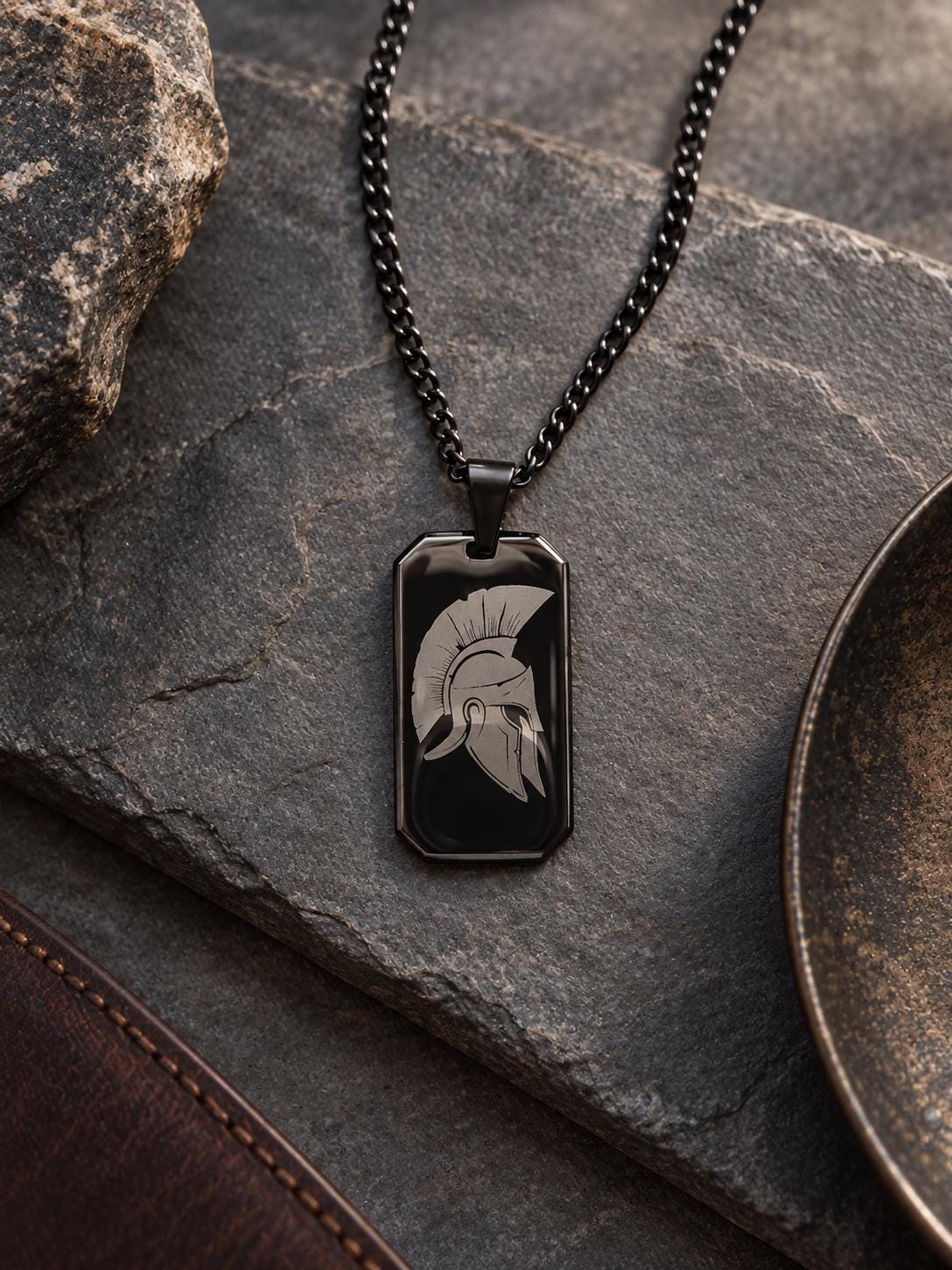 Men’s Spartan Helmet Necklace, Greek Warrior Pendant, Black Dog Tag Necklace, Ancient Greek Jewelry, Odyssey Laser Engraved Gift for Men
