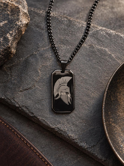 Men’s Spartan Helmet Necklace, Greek Warrior Pendant, Black Dog Tag Necklace, Ancient Greek Jewelry, Odyssey Laser Engraved Gift for Men