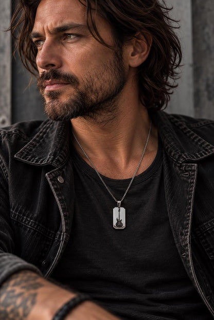 Mens Guitar Necklace, Electric Guitar Pendant, Guitarist Gift, Musician Gift for Him, Laser Engraved Stainless Steel , Rock Music Jewelry