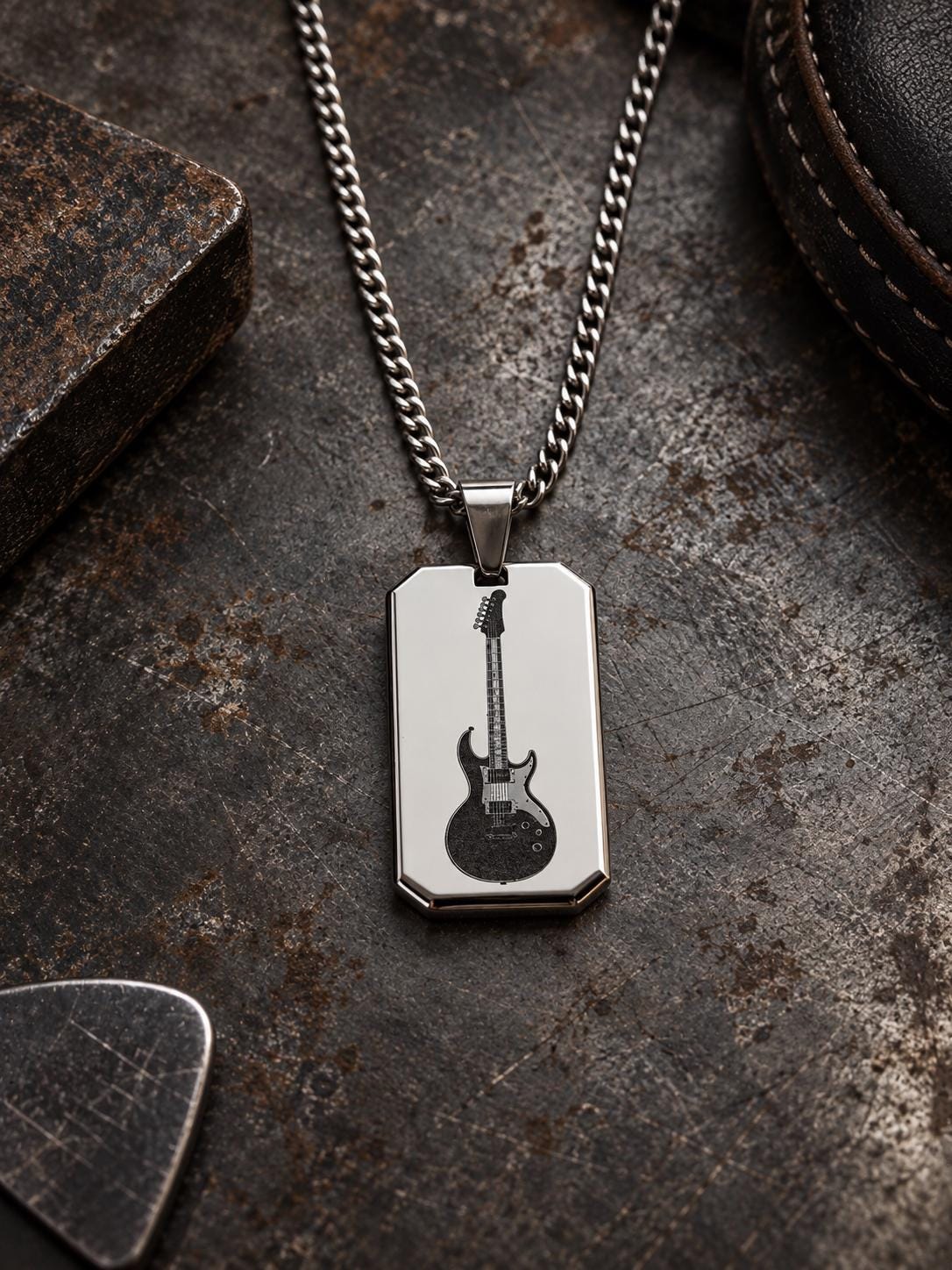Mens Guitar Necklace, Electric Guitar Pendant, Guitarist Gift, Musician Gift for Him, Laser Engraved Stainless Steel , Rock Music Jewelry