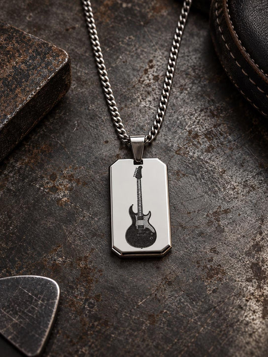 Mens Guitar Necklace, Electric Guitar Pendant, Guitarist Gift, Musician Gift for Him, Laser Engraved Stainless Steel , Rock Music Jewelry