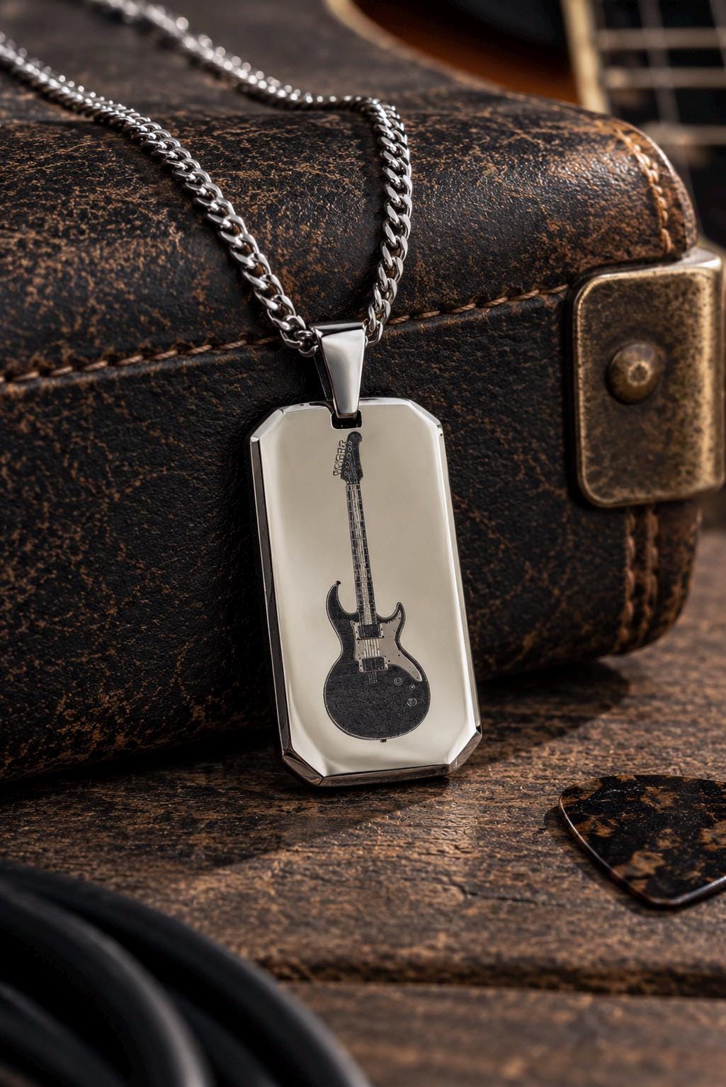 Mens Guitar Necklace, Electric Guitar Pendant, Guitarist Gift, Musician Gift for Him, Laser Engraved Stainless Steel , Rock Music Jewelry