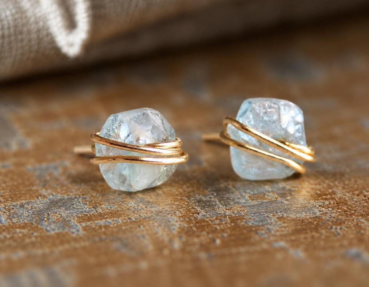 Tiny Raw Aquamarine Stud Earrings, Gold Filled Wire Wrapped Gemstone Posts, March Birthstone Jewelry, Dainty Natural Crystal Studs