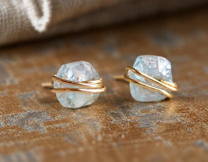 Tiny Raw Aquamarine Stud Earrings, Gold Filled Wire Wrapped Gemstone Posts, March Birthstone Jewelry, Dainty Natural Crystal Studs