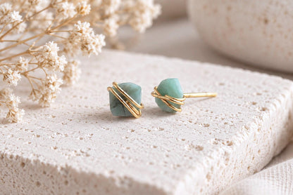 Small Raw Emerald Stud Earrings, May Birthstone Jewelry, Dainty Gemstone Studs, Green Stone Earrings, Gold Filled Boho Earrings