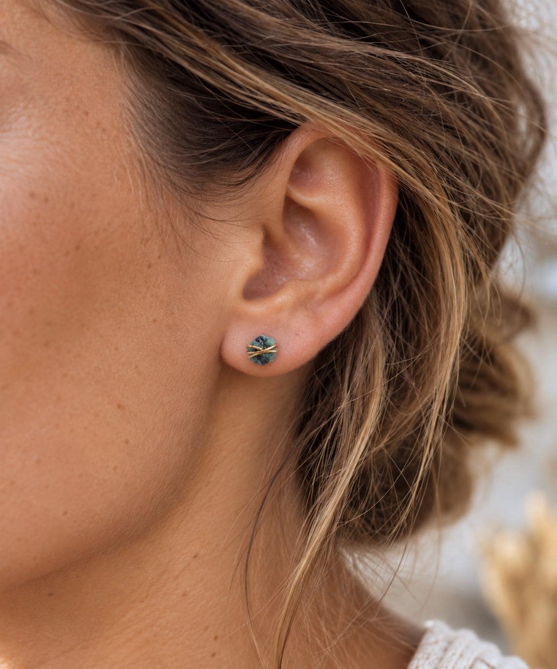 Small Raw Emerald Stud Earrings, May Birthstone Jewelry, Dainty Gemstone Studs, Green Stone Earrings, Gold Filled Boho Earrings